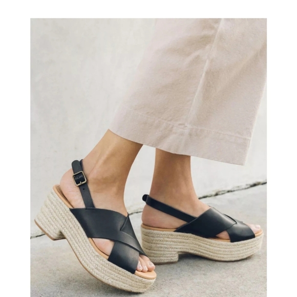 Soludos Amalfi Size 9 Black Leather Platform Sandals Heel Slingback Boho Sisal - Picture 14 of 16